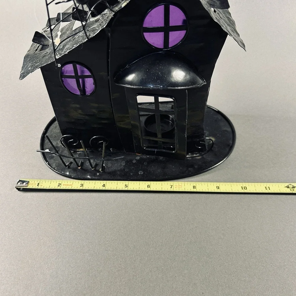 Halloween Haunted House Metal Tealight Candle Holder Purple Windows 13